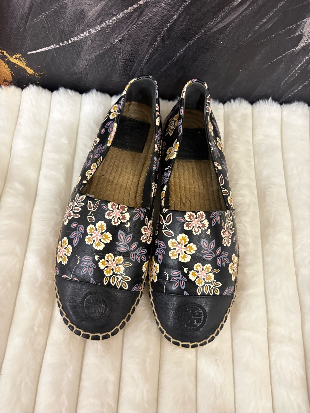 Tory Burch Black Floral Leather Espadrille Flats